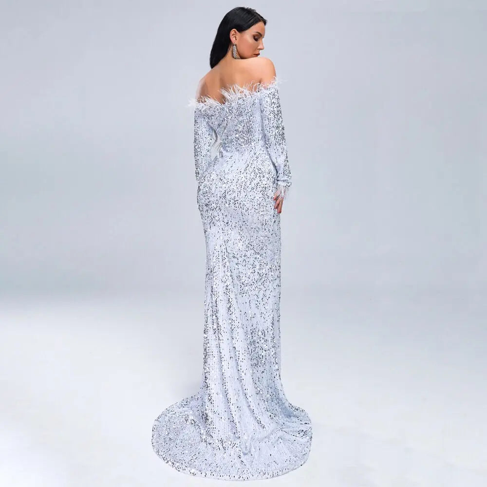 Off Shoulder Feather Long Sleeve Sequin Dress - MSCOOCO