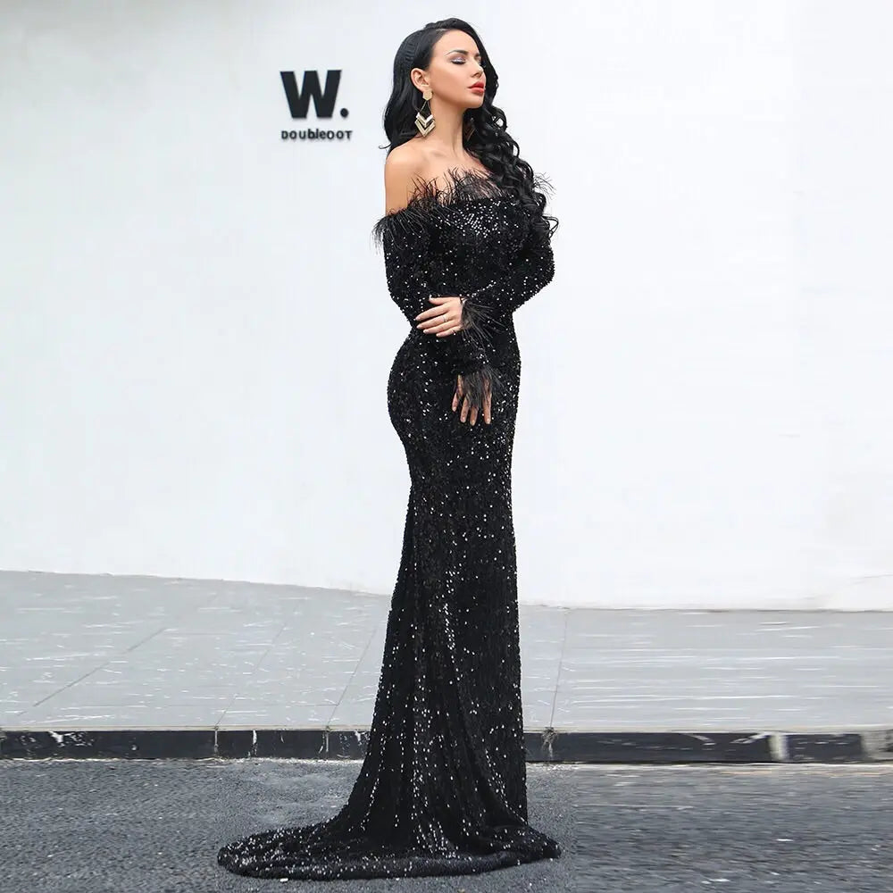 Off Shoulder Feather Long Sleeve Sequin Dress - MSCOOCO