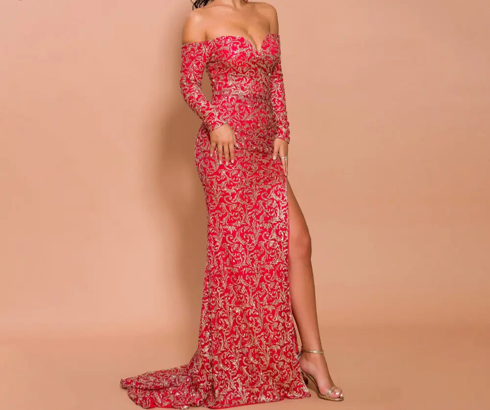 Off Shoulder Long Sleeve Elegant Maxi Dress - MSCOOCO