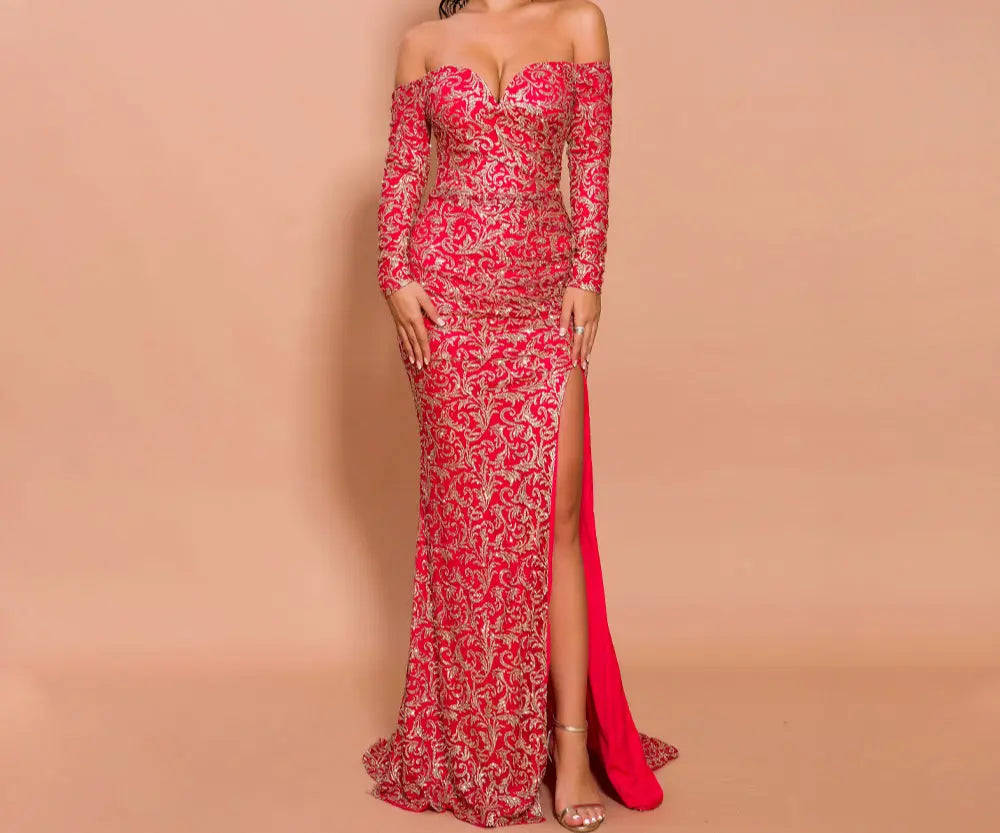 Off Shoulder Long Sleeve Elegant Maxi Dress - MSCOOCO
