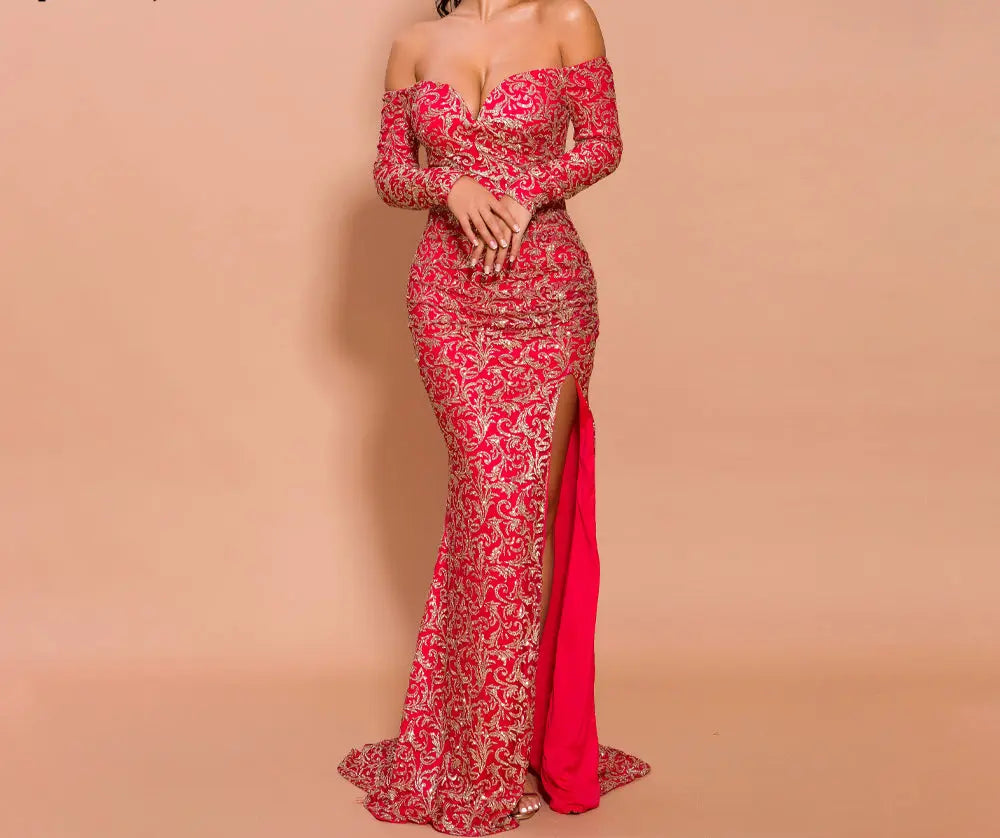 Off Shoulder Long Sleeve Elegant Maxi Dress - MSCOOCO