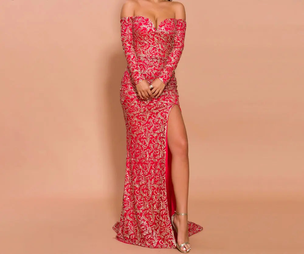 Off Shoulder Long Sleeve Elegant Maxi Dress - MSCOOCO