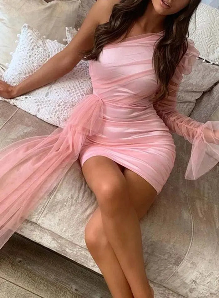 Off Shoulder Single Puff Sleeve Bow Net Bodycon Mini Off Shoulder Single Puff Sleeve Bow Net Bodycon Mini