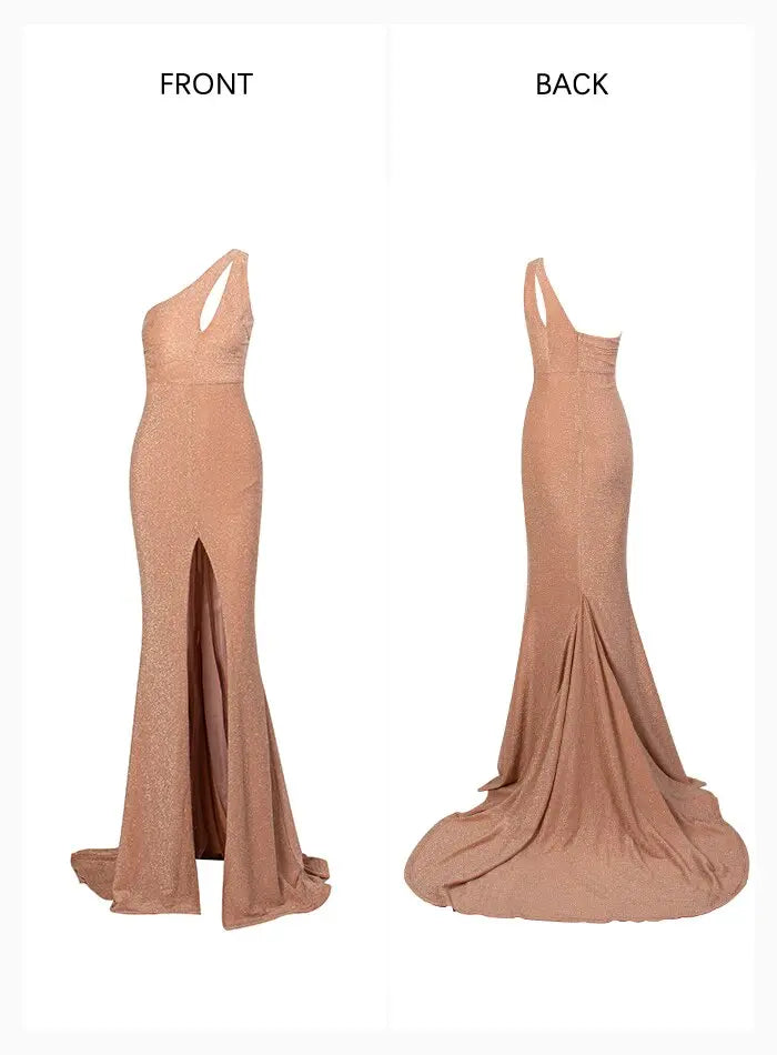 One Shoulder Reflective Material Fishtail Shape Maxi Dress - MSCOOCO