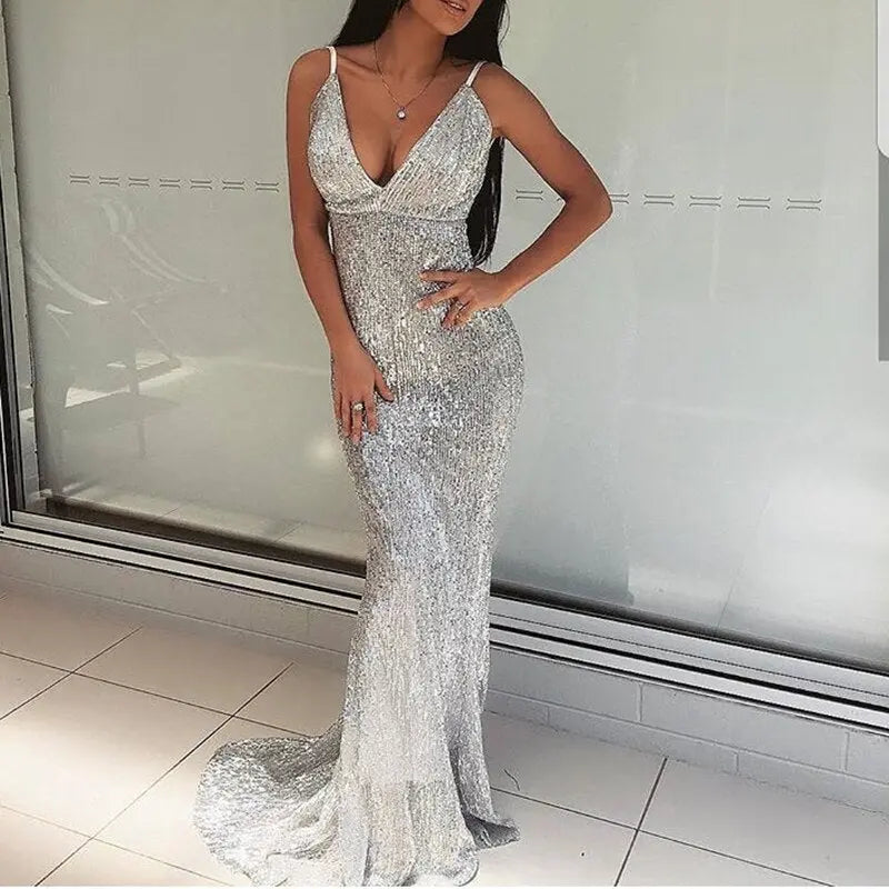 Open Back Mermaid Sequined Maxi Dress - MSCOOCO