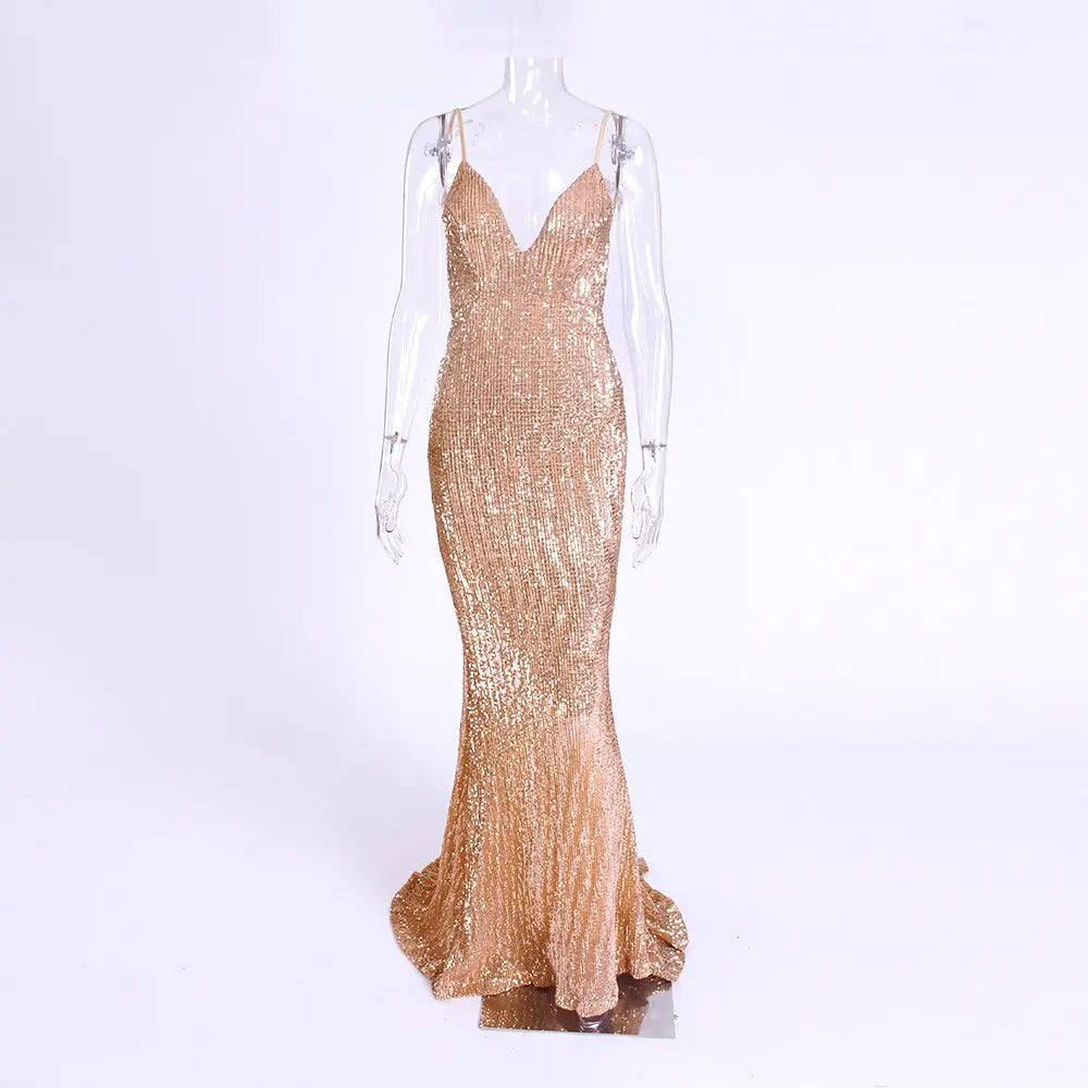 Open Back Mermaid Sequined Maxi Dress - MSCOOCO