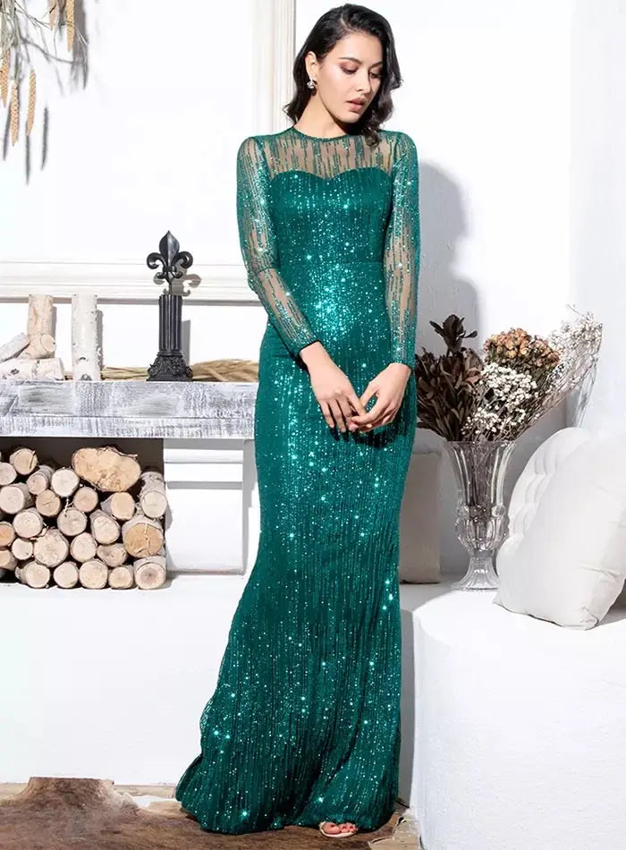 Paradise _ Green Bodycon Glitter Maxi Dress Mscooco.co.uk