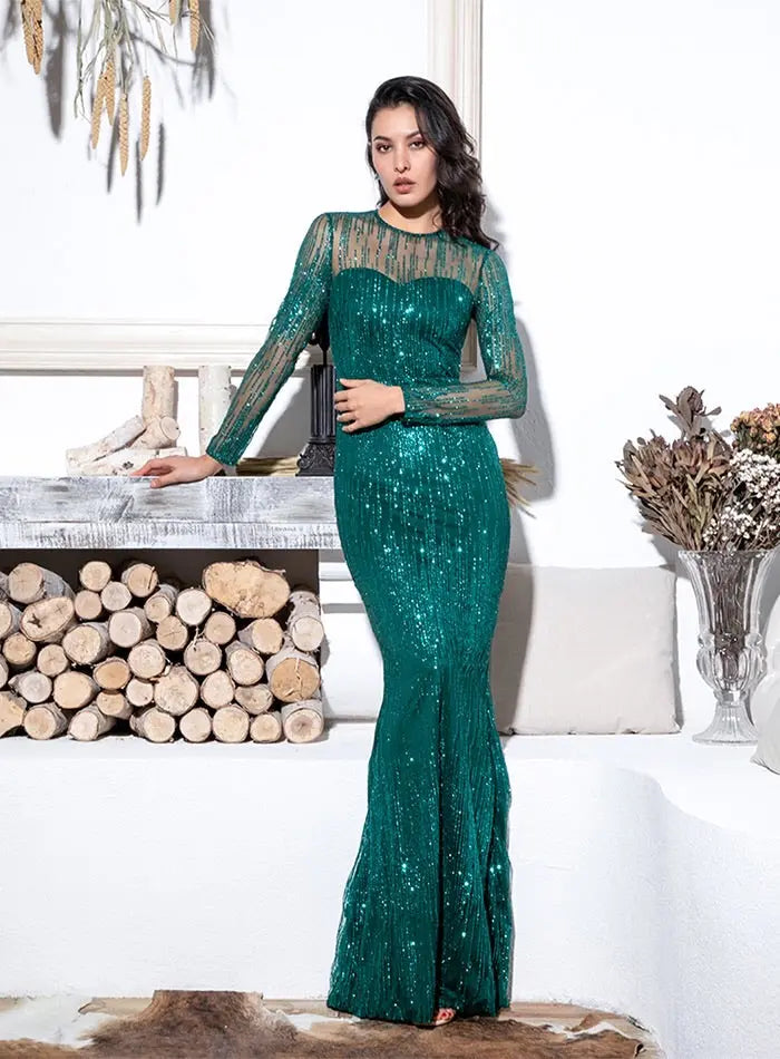 Paradise _ Green Bodycon Glitter Maxi Dress Mscooco.co.uk