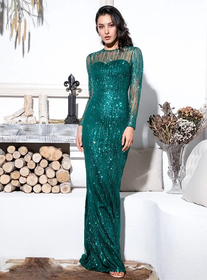 Paradise _ Green Bodycon Glitter Maxi Dress Mscooco.co.uk