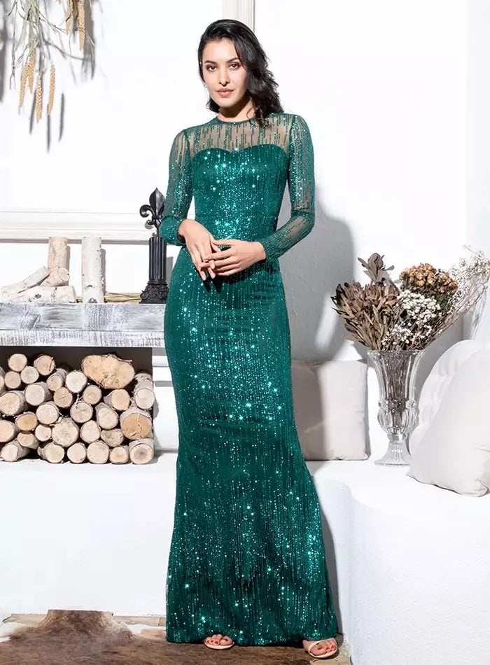 Paradise _ Green Bodycon Glitter Maxi Dress Mscooco.co.uk