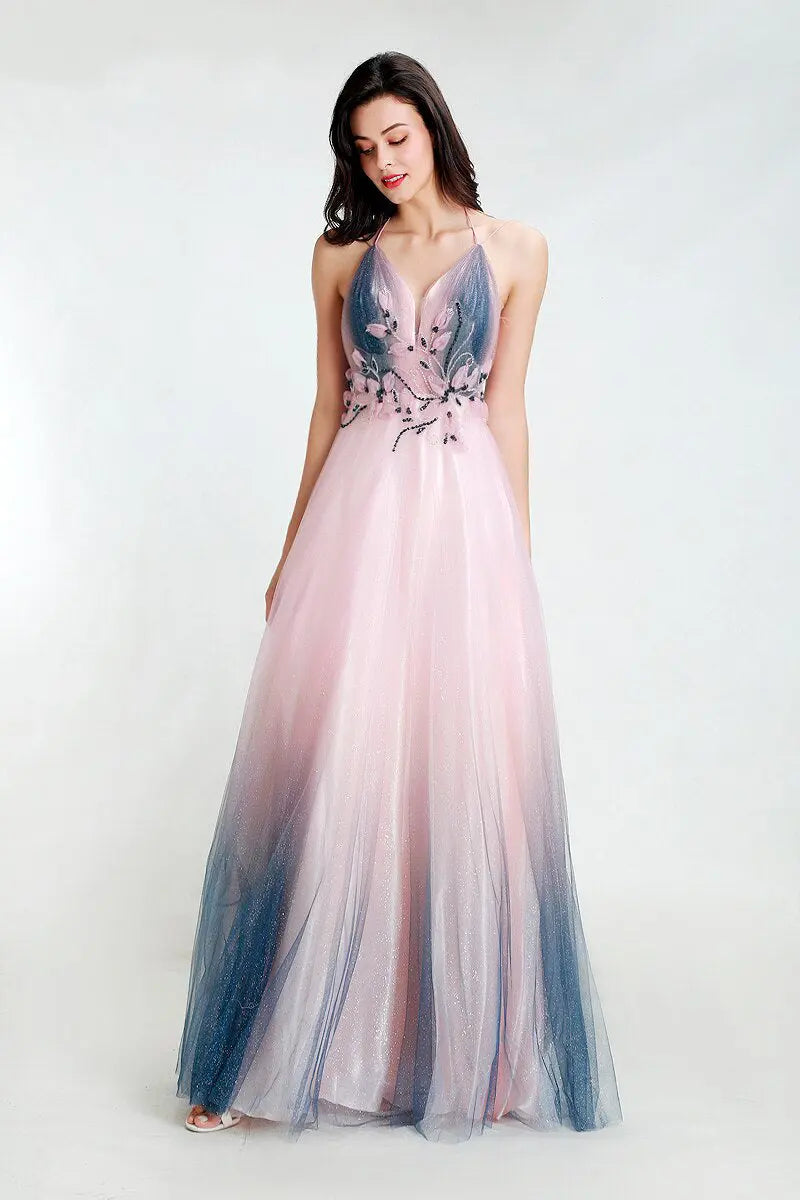 Elegant V-neck Contrast Color Shiny Evening Party Gowns - MSCOOCO