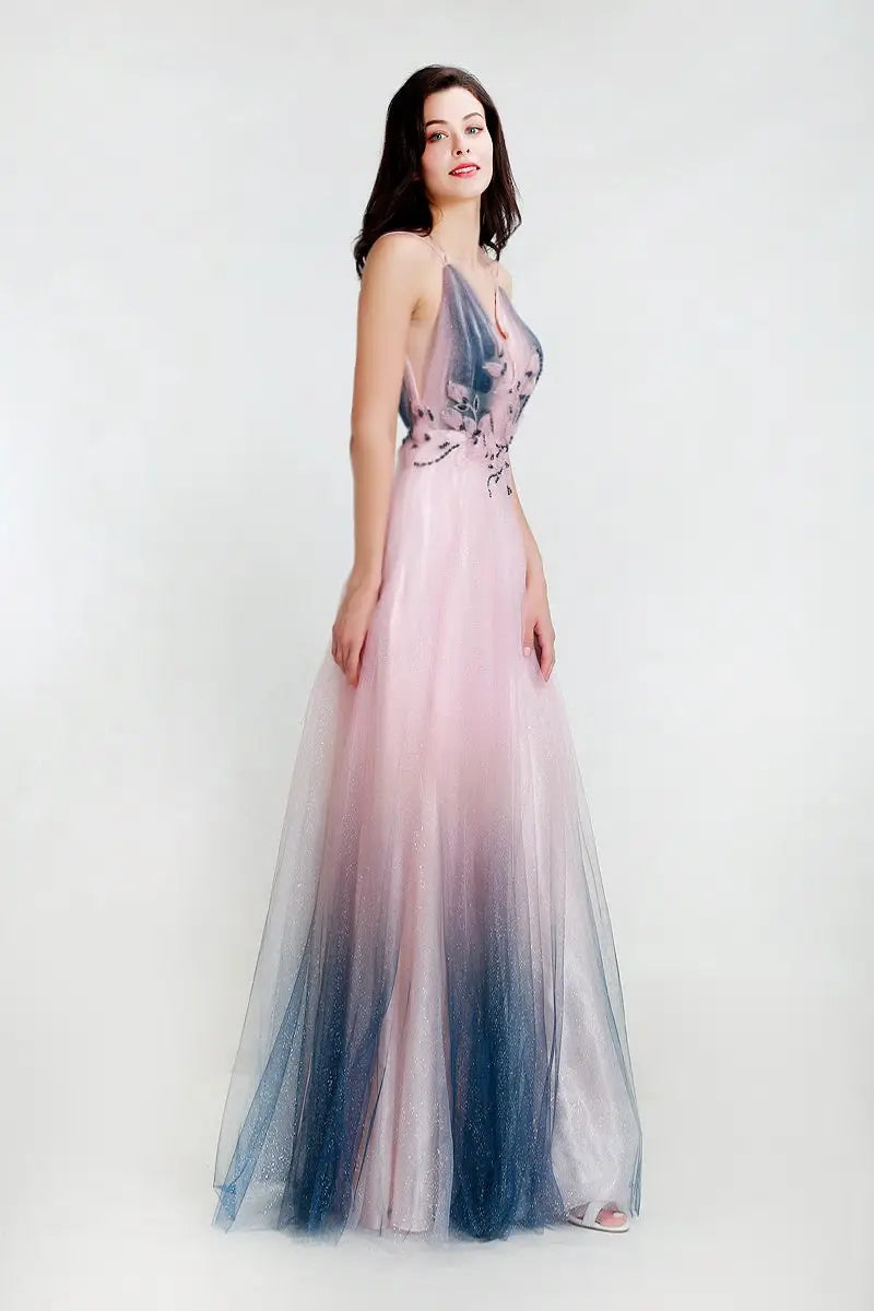 Elegant V-neck Contrast Color Shiny Evening Party Gowns - MSCOOCO