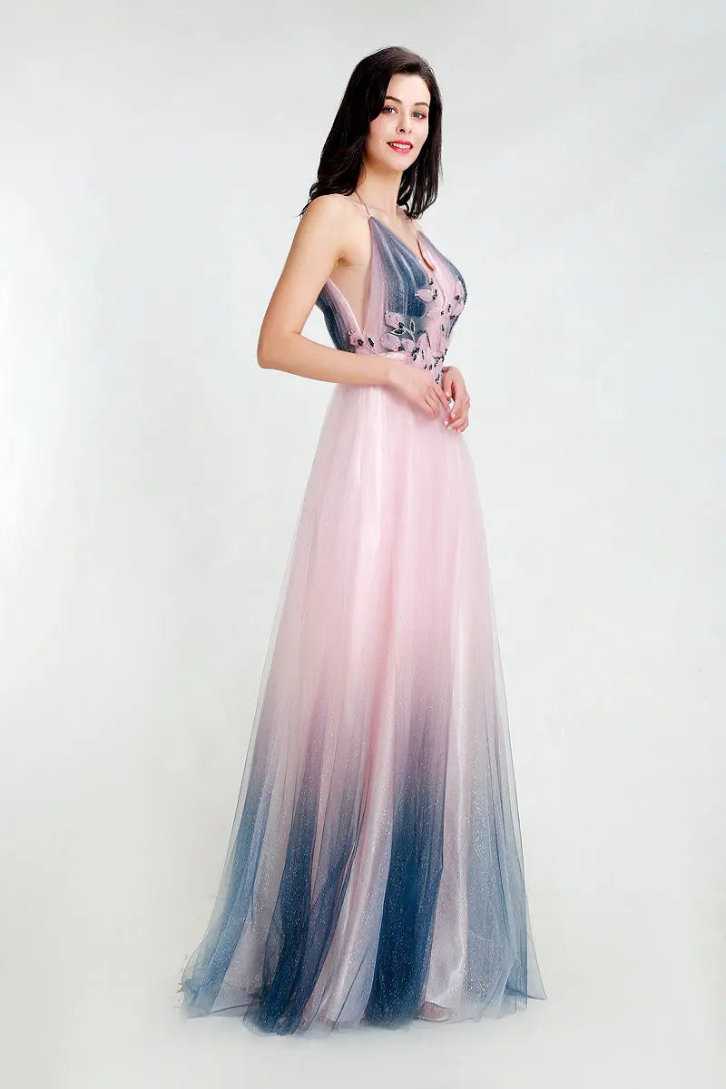 Elegant V-neck Contrast Color Shiny Evening Party Gowns - MSCOOCO