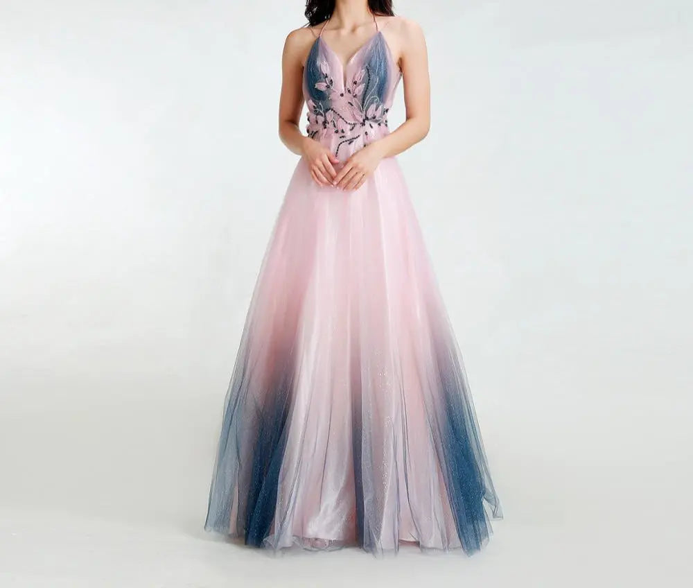 Elegant V-neck Contrast Color Shiny Evening Party Gowns - MSCOOCO