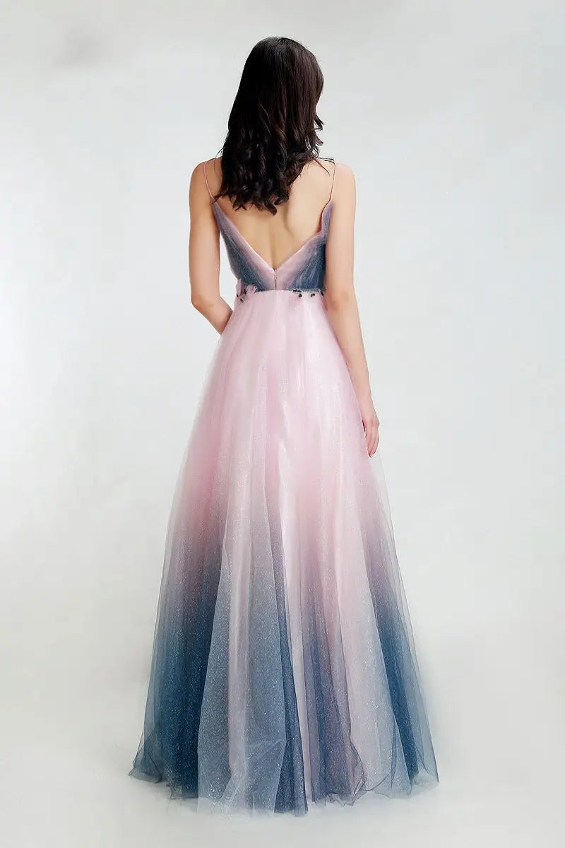 Elegant V-neck Contrast Color Shiny Evening Party Gowns - MSCOOCO