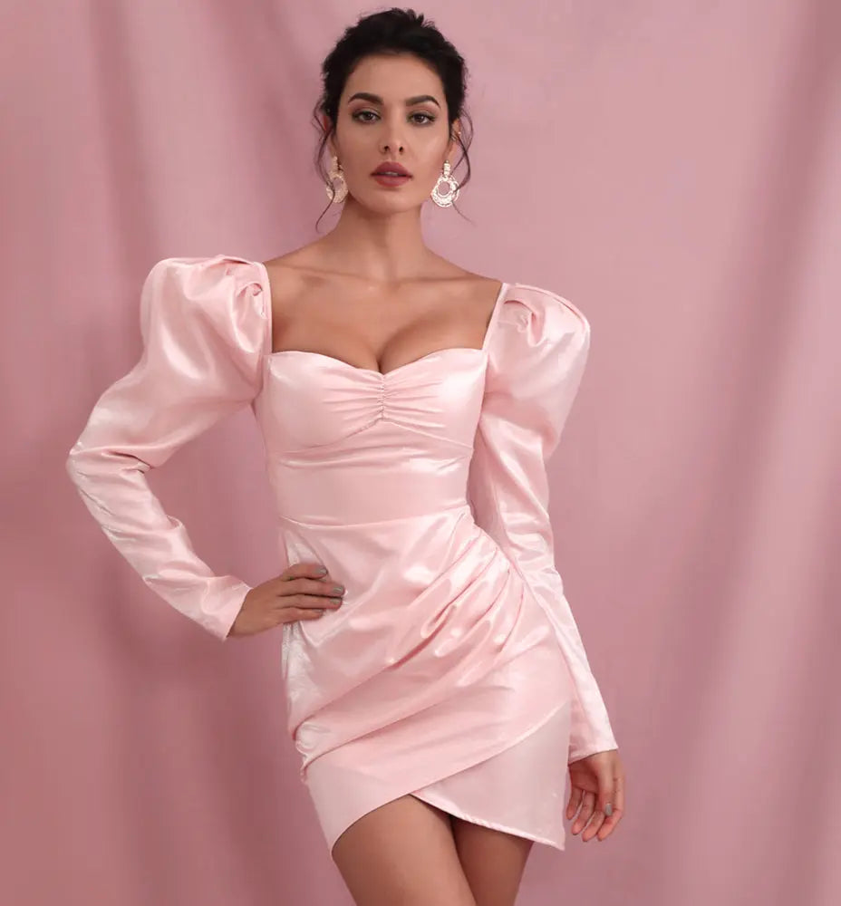 Pink Sexy Square Collar Bubble Long Sleeve Reflective Material Party Mini Dress - MSCOOCO