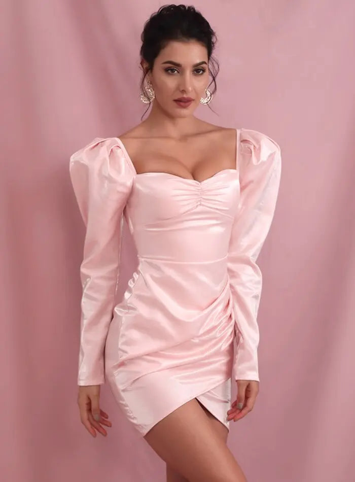 Pink Sexy Square Collar Bubble Long Sleeve Reflective Material Party Mini Dress - MSCOOCO