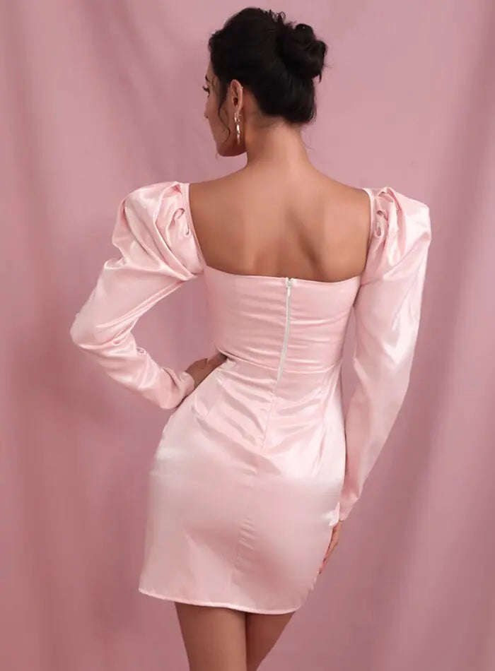 Pink Sexy Square Collar Bubble Long Sleeve Reflective Material Party Mini Dress - MSCOOCO