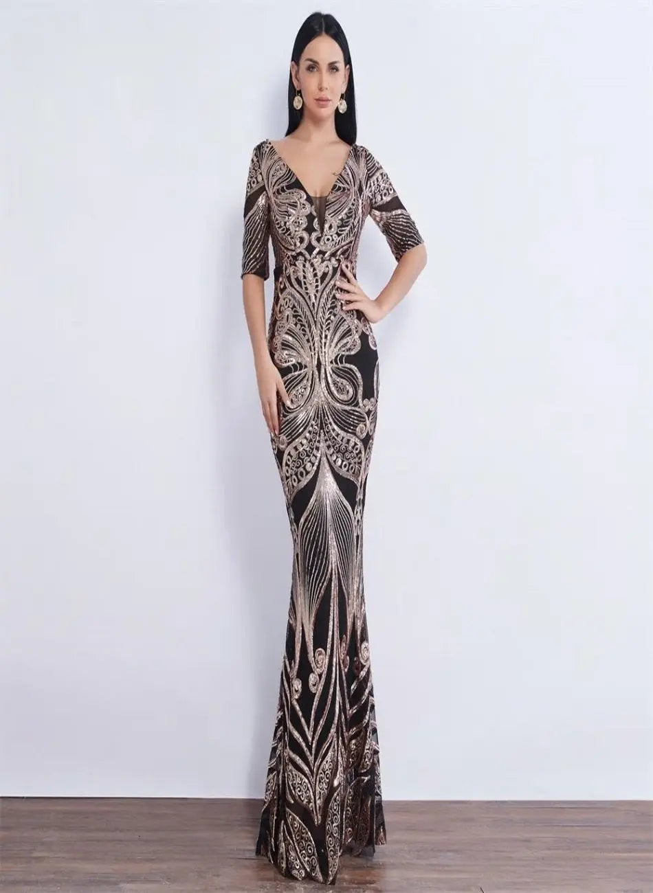 Half Sleeve Butterfly Style Sequin Mermaid Dress - MSCOOCO
