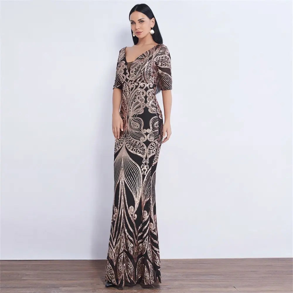 Half Sleeve Butterfly Style Sequin Mermaid Dress - MSCOOCO