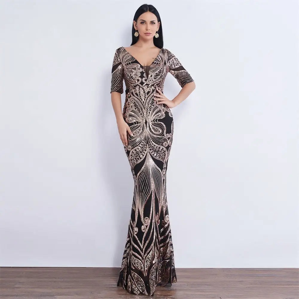 Half Sleeve Butterfly Style Sequin Mermaid Dress - MSCOOCO