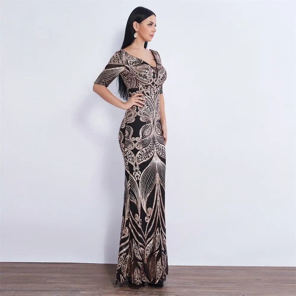 Half Sleeve Butterfly Style Sequin Mermaid Dress - MSCOOCO