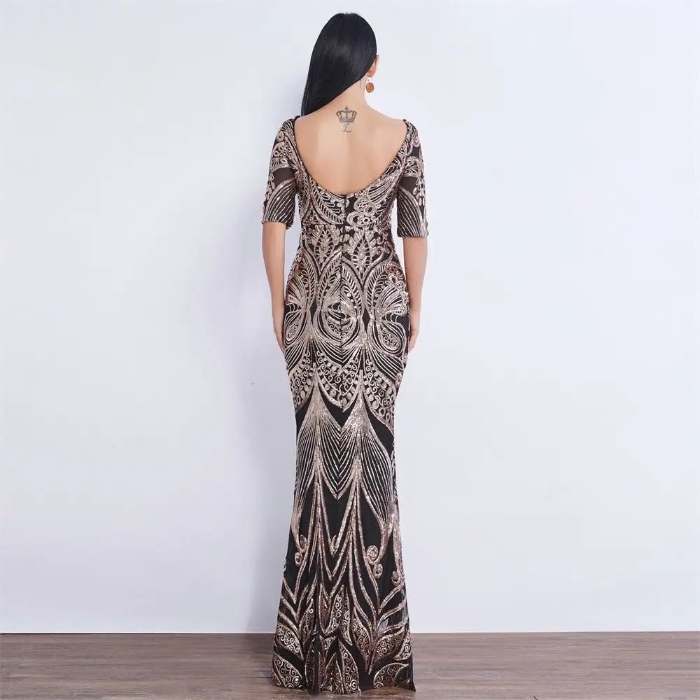 Half Sleeve Butterfly Style Sequin Mermaid Dress - MSCOOCO