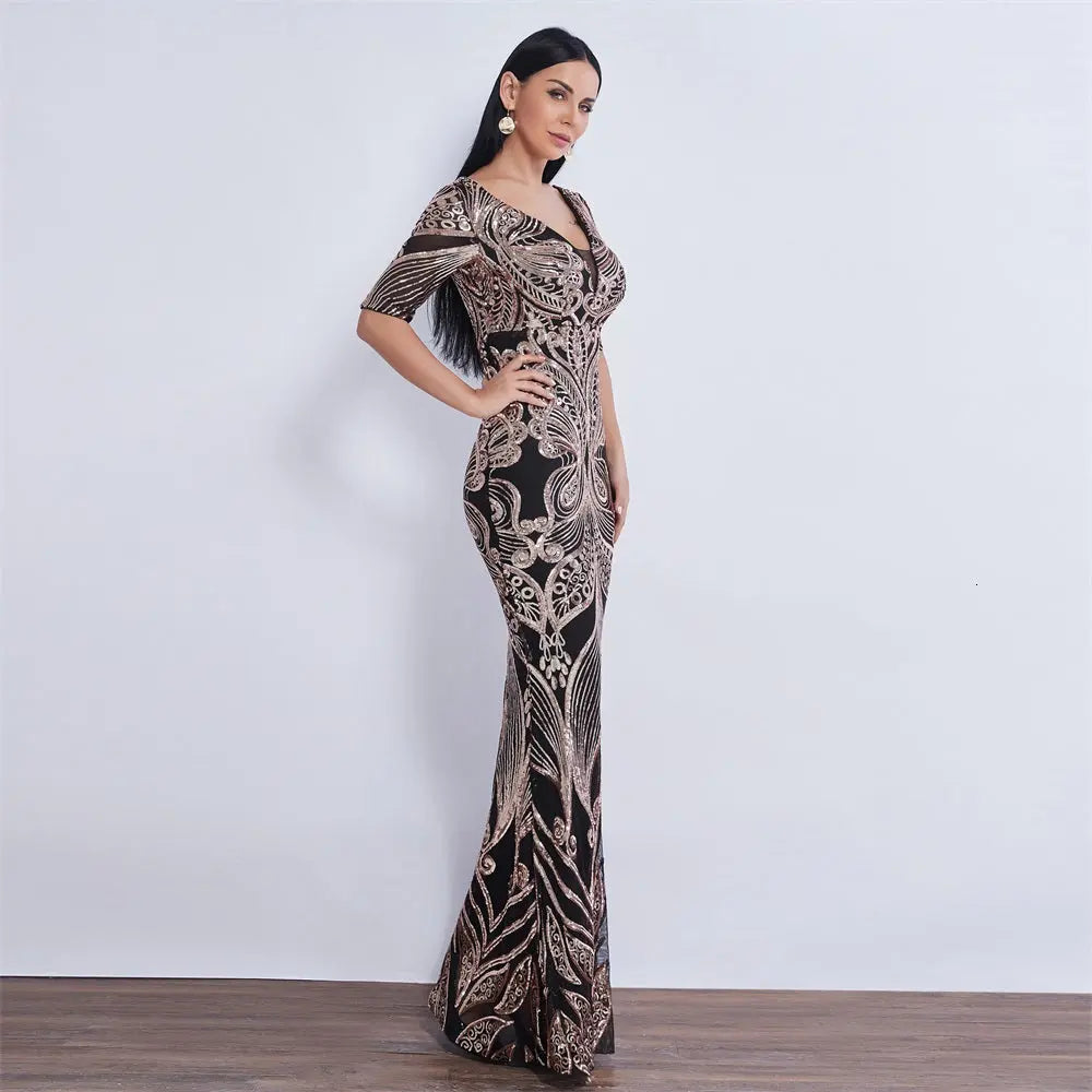 Half Sleeve Butterfly Style Sequin Mermaid Dress - MSCOOCO