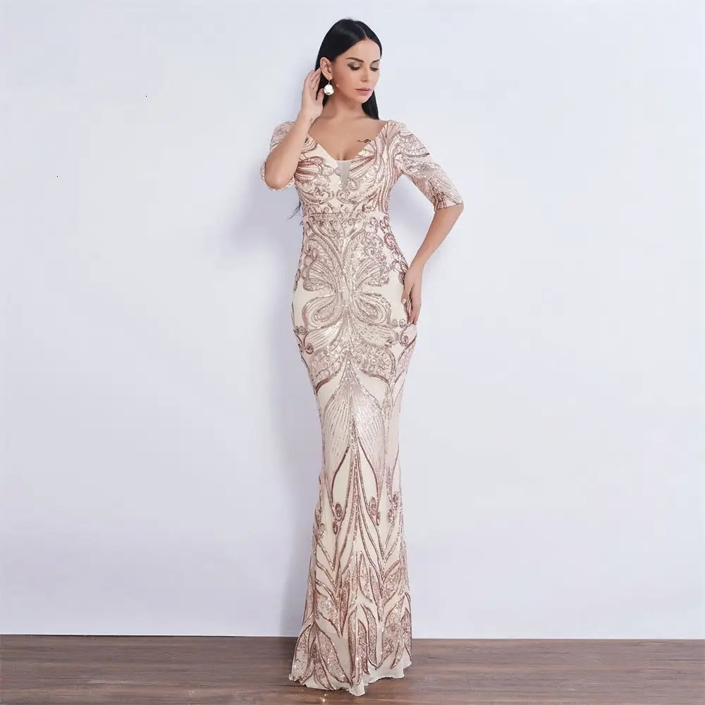 Half Sleeve Butterfly Style Sequin Mermaid Dress - MSCOOCO