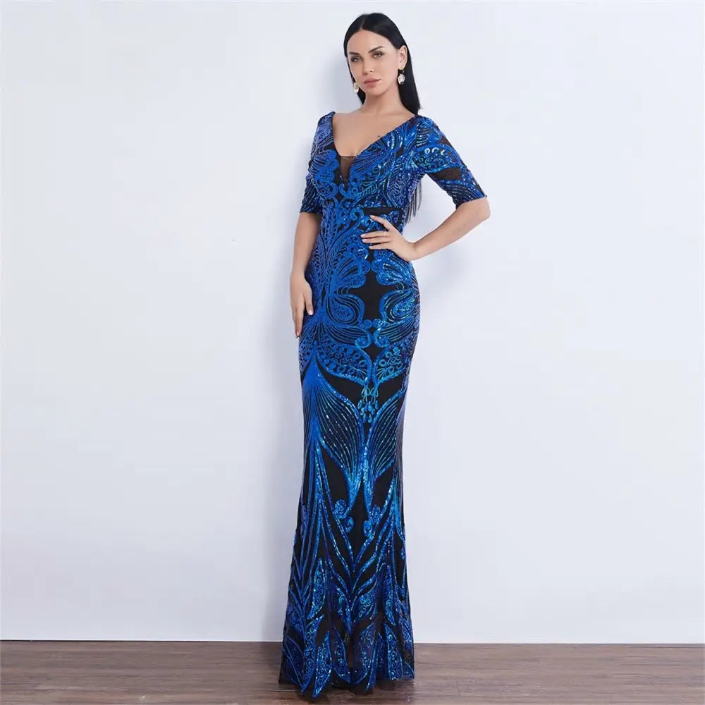 Half Sleeve Butterfly Style Sequin Mermaid Dress - MSCOOCO