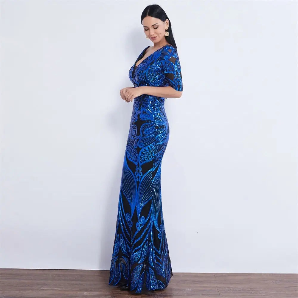 Half Sleeve Butterfly Style Sequin Mermaid Dress - MSCOOCO