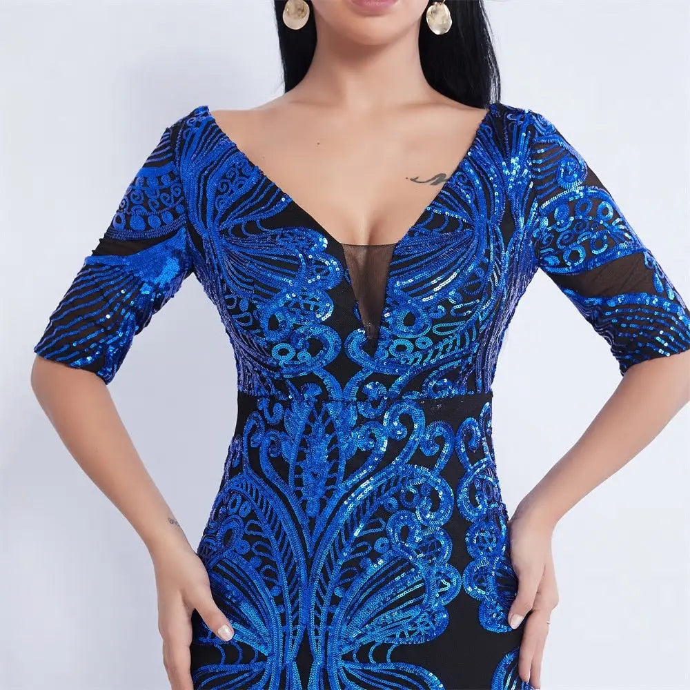 Half Sleeve Butterfly Style Sequin Mermaid Dress - MSCOOCO