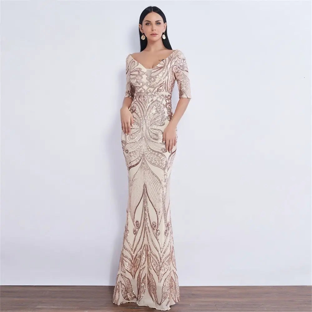 Half Sleeve Butterfly Style Sequin Mermaid Dress - MSCOOCO