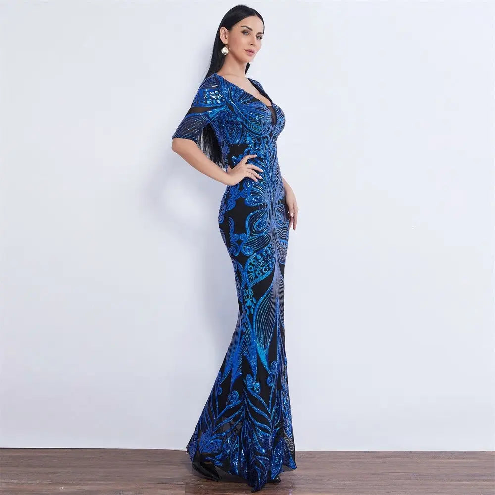 Half Sleeve Butterfly Style Sequin Mermaid Dress - MSCOOCO