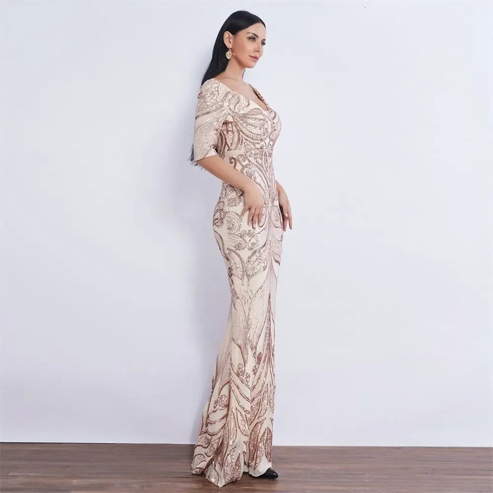 Half Sleeve Butterfly Style Sequin Mermaid Dress - MSCOOCO