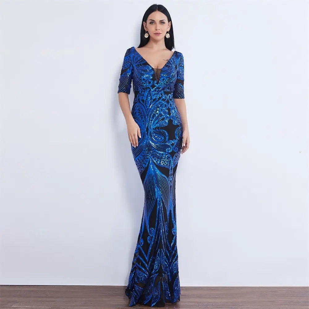 Half Sleeve Butterfly Style Sequin Mermaid Dress - MSCOOCO