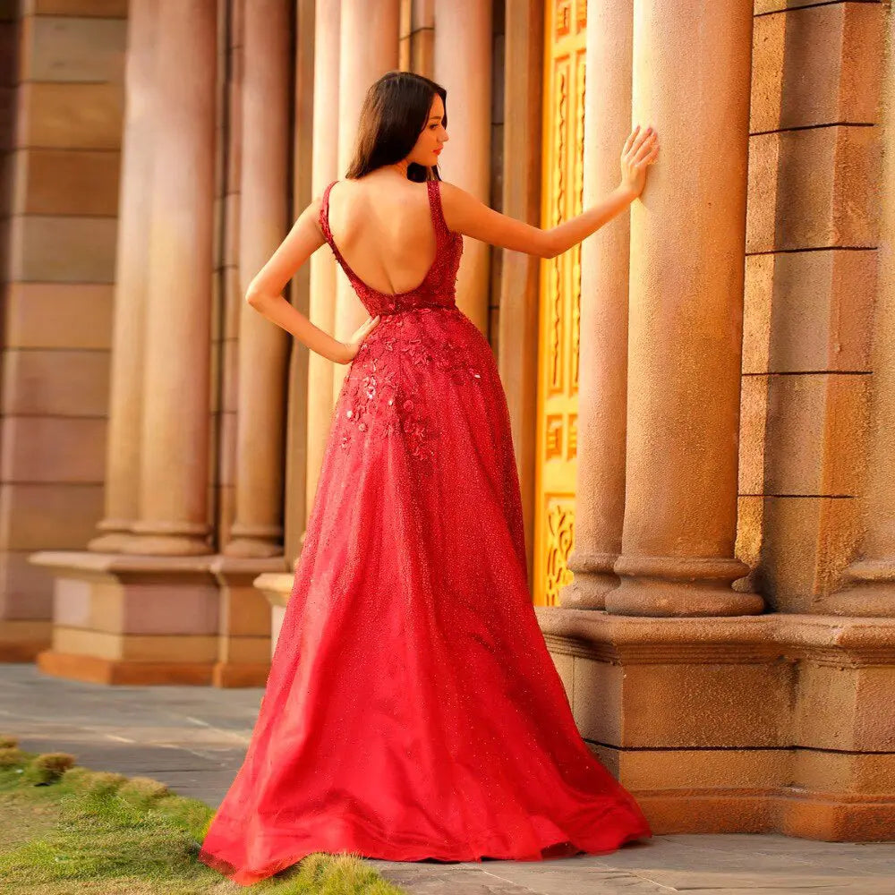 Elegant Beading Backless A-Line Sexy V-neck Empire Waist Ball Gowns - MSCOOCO