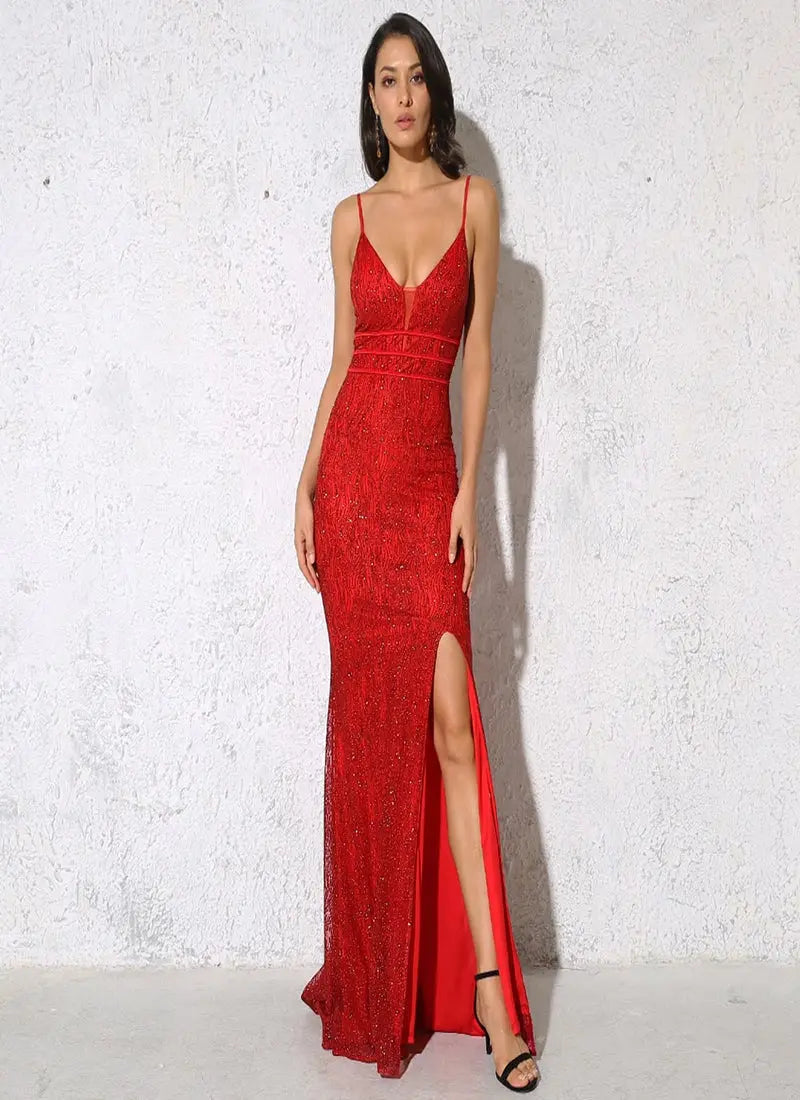 Red Glittered V Neck Mesh Party Dress MSCOOCO
