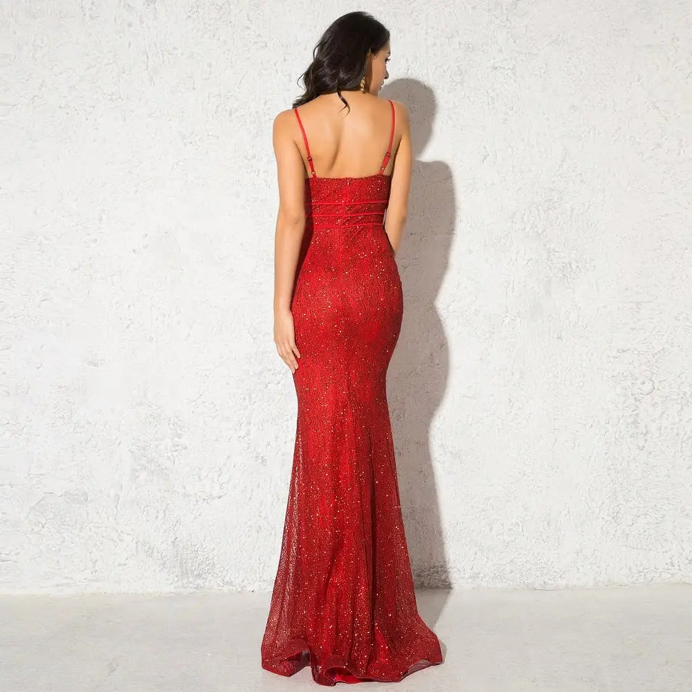 Red Glittered V Neck Mesh Party Dress MSCOOCO