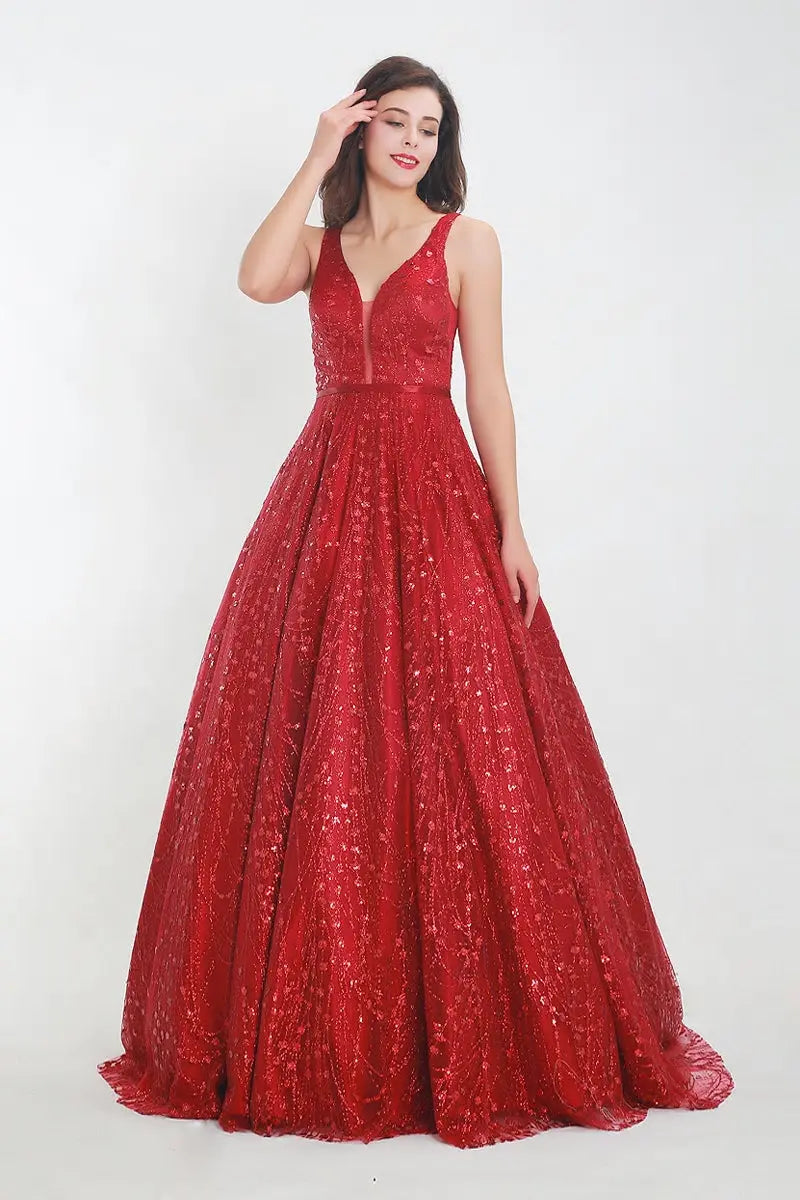 Red V-neck Backless Sequined A-line Prom Gown - MSCOOCO