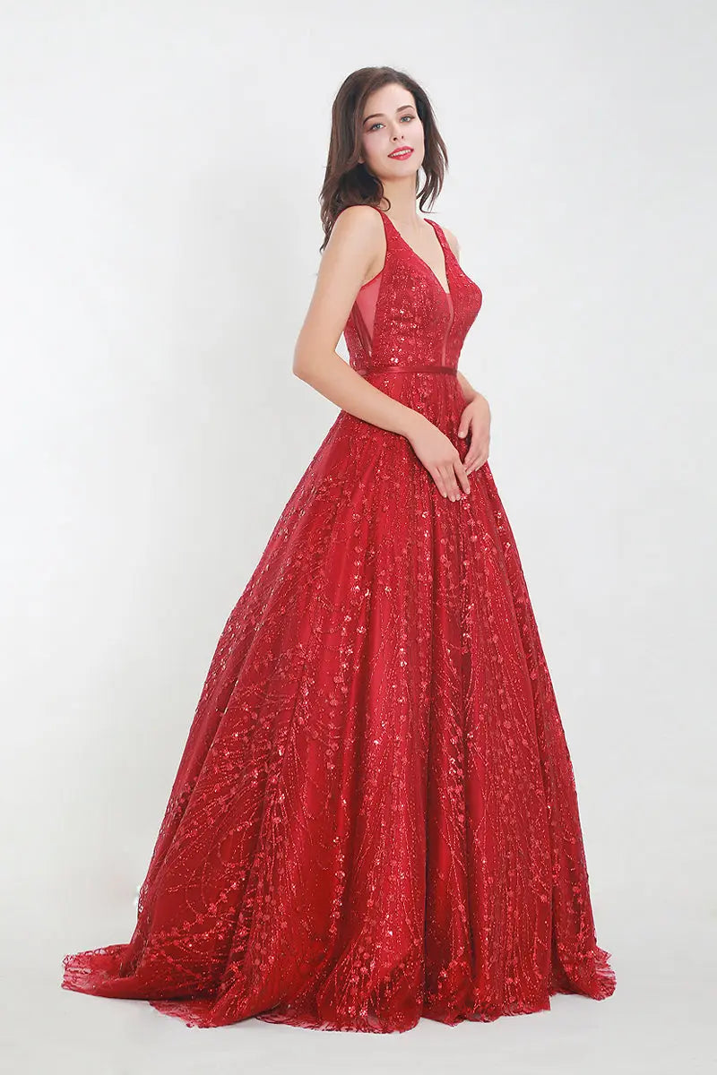 Red V-neck Backless Sequined A-line Prom Gown - MSCOOCO
