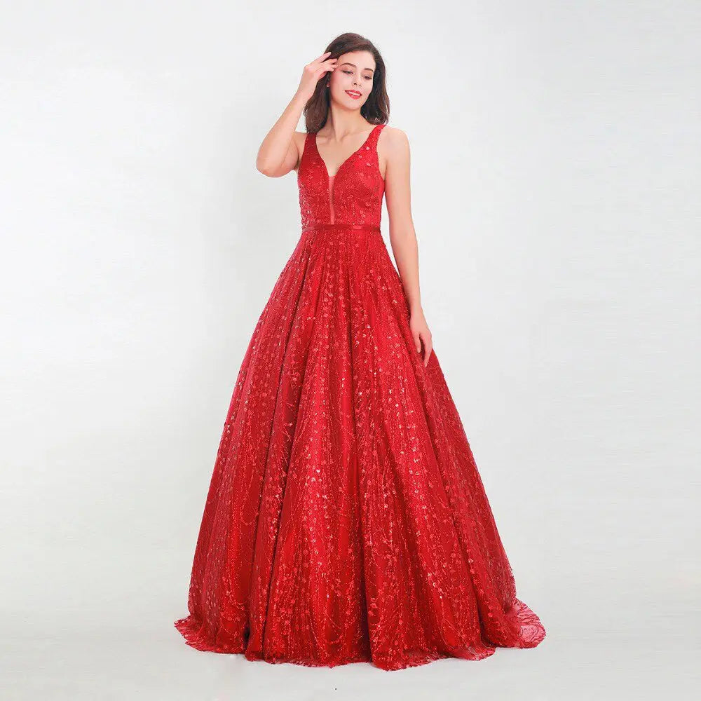 Red V-neck Backless Sequined A-line Prom Gown - MSCOOCO