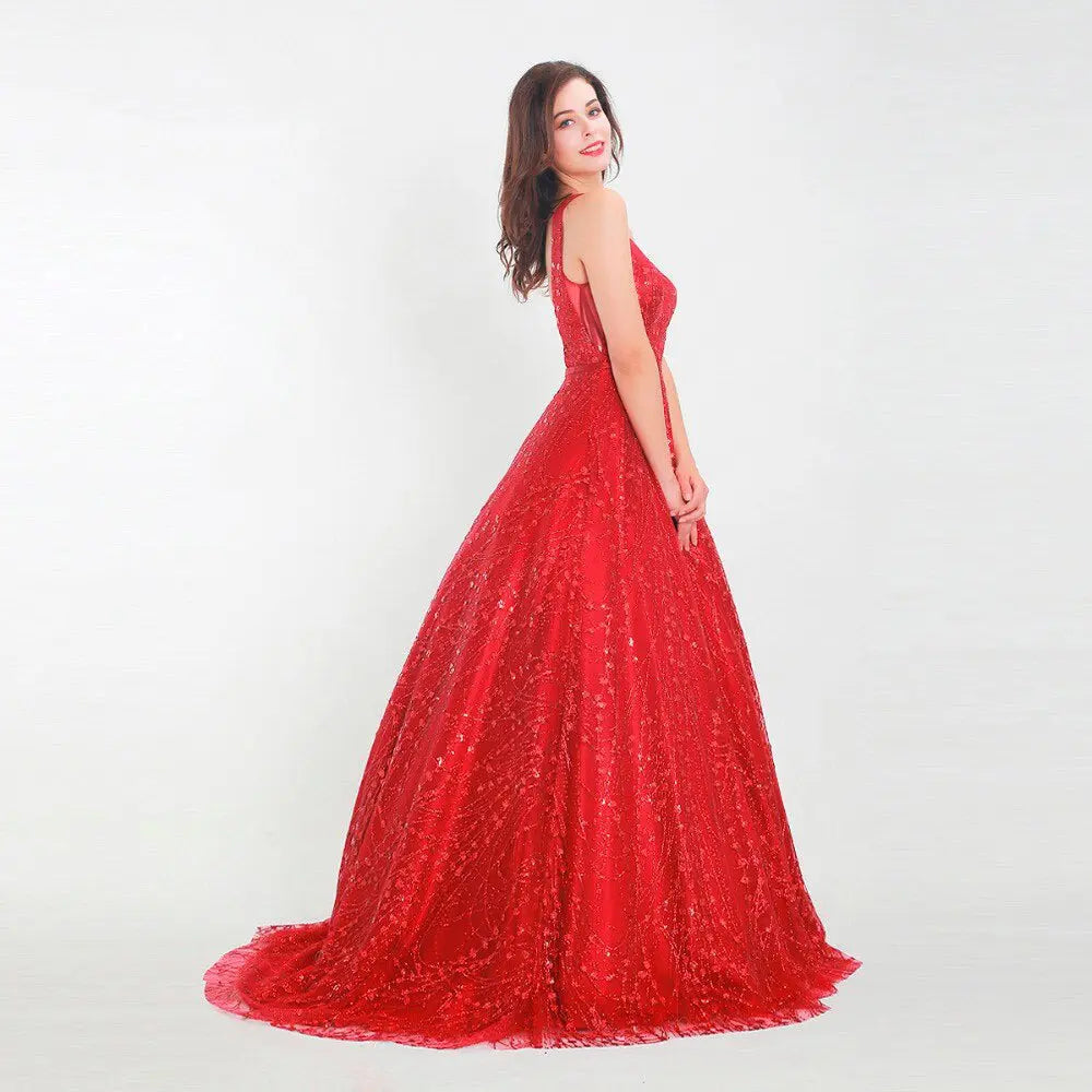 Red V-neck Backless Sequined A-line Prom Gown - MSCOOCO