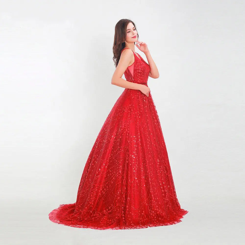 Red V-neck Backless Sequined A-line Prom Gown - MSCOOCO