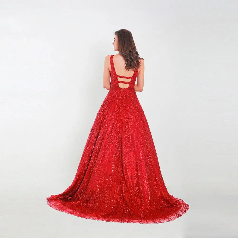 Red V-neck Backless Sequined A-line Prom Gown - MSCOOCO