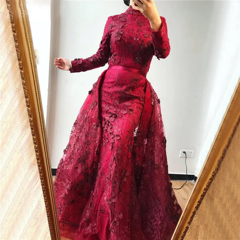 Romantic - Wine Red Flowers Lace Evening Dress Mscooco.co.uk