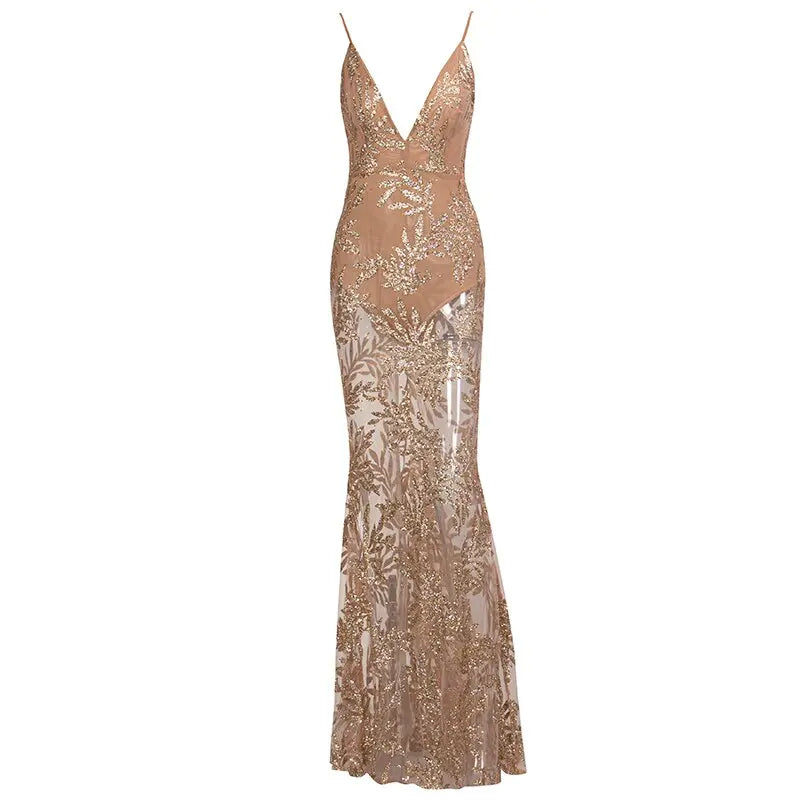 Rose Gold Deep V-Neck Perspective Glitter Glued Maxi Dress - MSCOOCO
