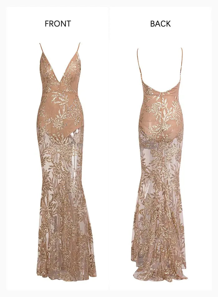 Rose Gold Deep V-Neck Perspective Glitter Glued Maxi Dress - MSCOOCO