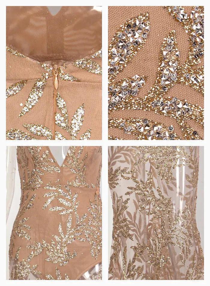 Rose Gold Deep V-Neck Perspective Glitter Glued Maxi Dress - MSCOOCO