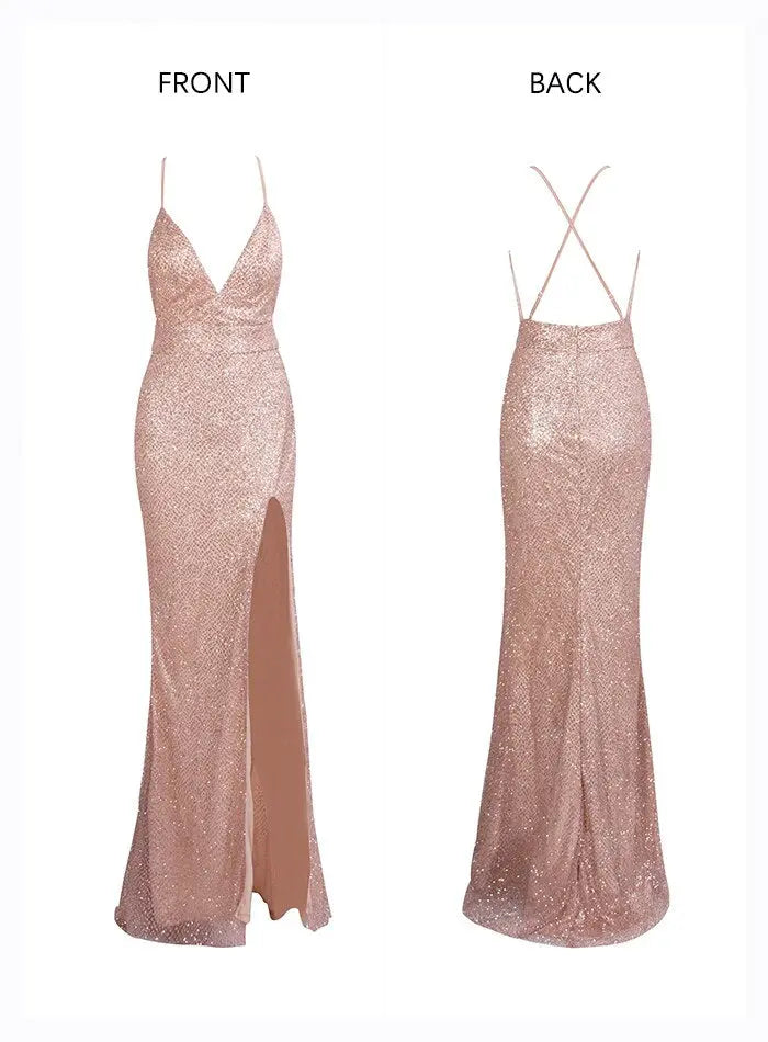 Rose Gold Glitter Glued Material Bodycon Whit Split Maxi Dress - MSCOOCO
